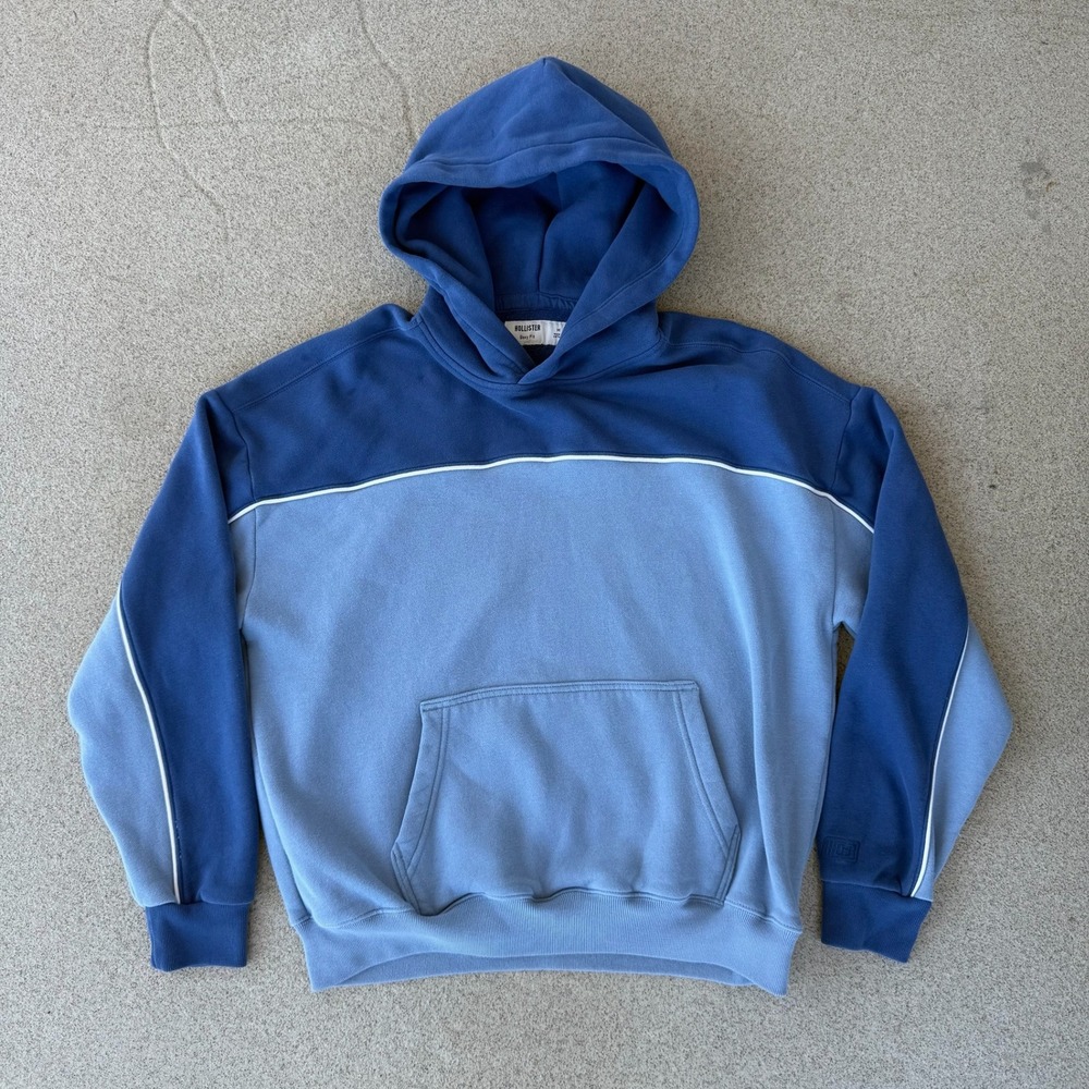 Hollister Boxy Fit Mens Medium Hoodie - Blue Colorblock Pullover